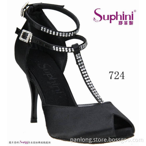 Peep Toe Rhinestone Black Tango Dance Shoes